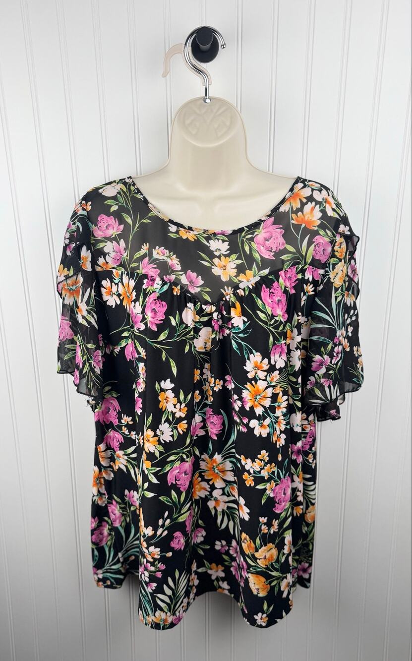 PerSception Women Black Floral Flutter Sleeve Blouse 1X Plus Size
